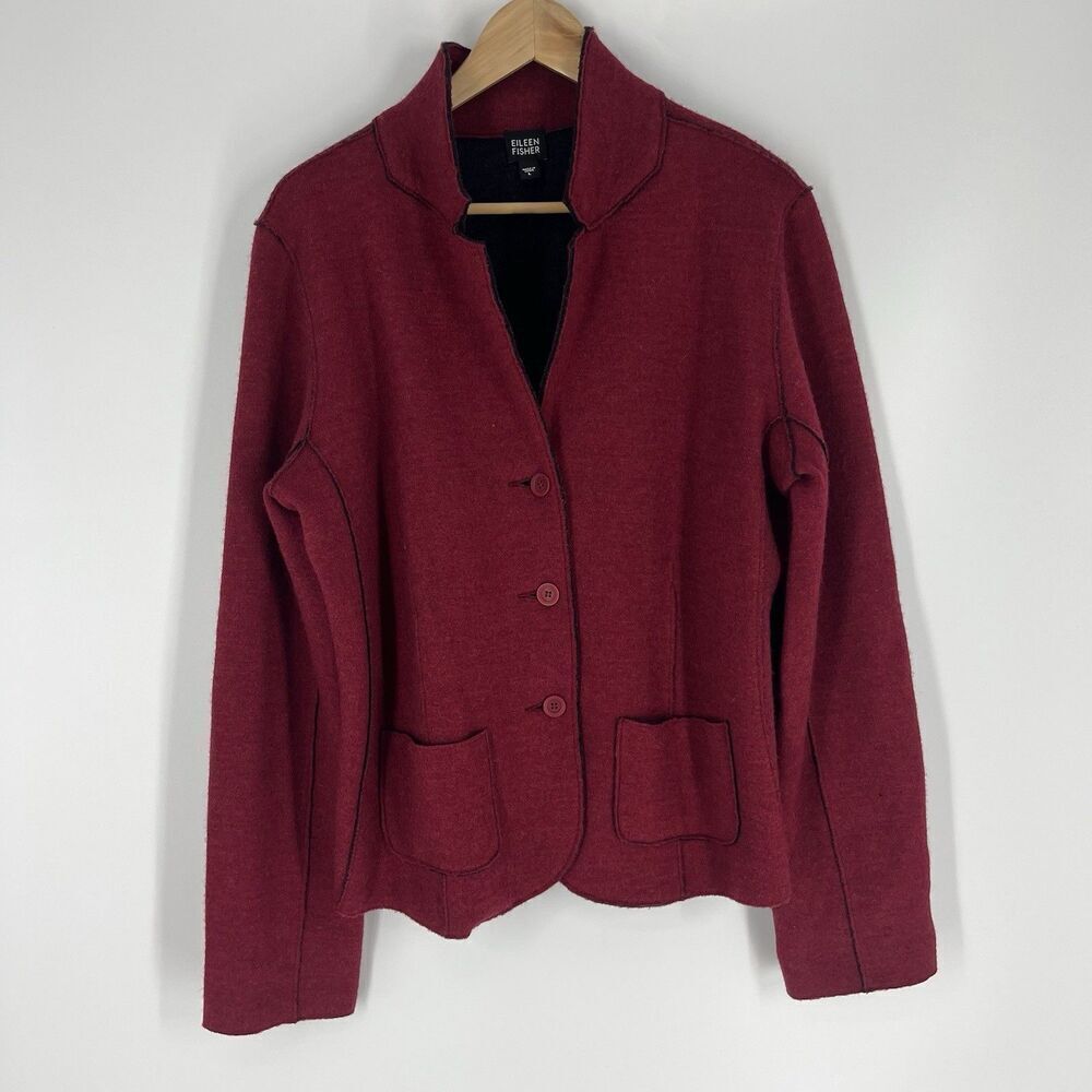 Eileen Fisher Sweater Size Large Red Felted Merino Wool Blazer Jacket Button Up